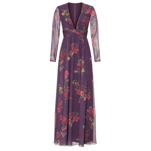 MAC DUGGAL Purple Floral Georgette Plunging Neckline High Slit Gown Size 8 - Picture 4 of 16